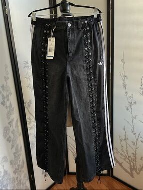 adidas Black Wide-Leg Jeans with White Side Stripes & Lace-Up Detail
